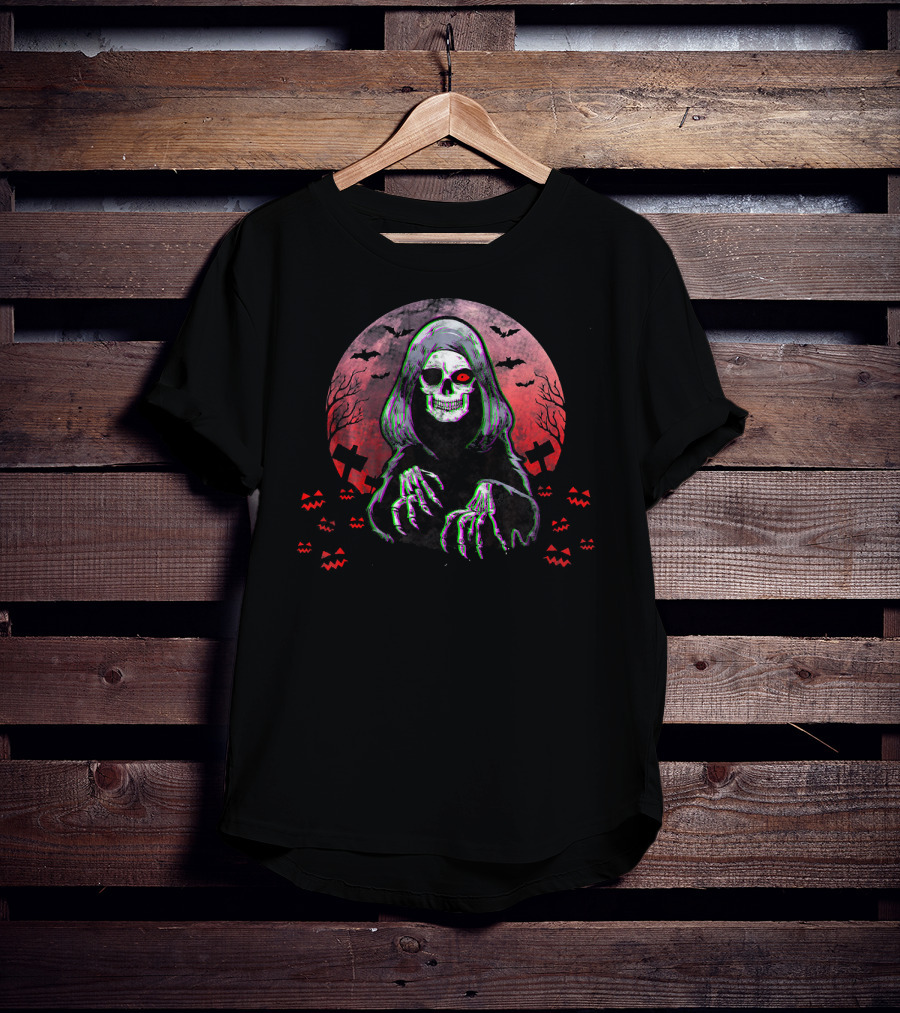 Grim Reaper Angel Of Death Halloween Horror Spooky Night Bats Pumpkins Crosses Skull T-Shirt