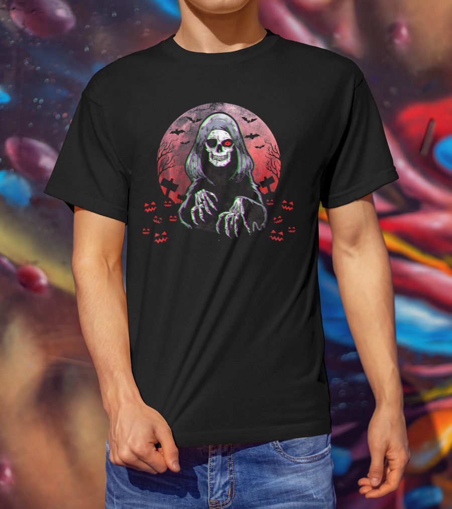 Grim Reaper Angel Of Death Halloween Horror Spooky Night Bats Pumpkins Crosses Skull T-Shirt