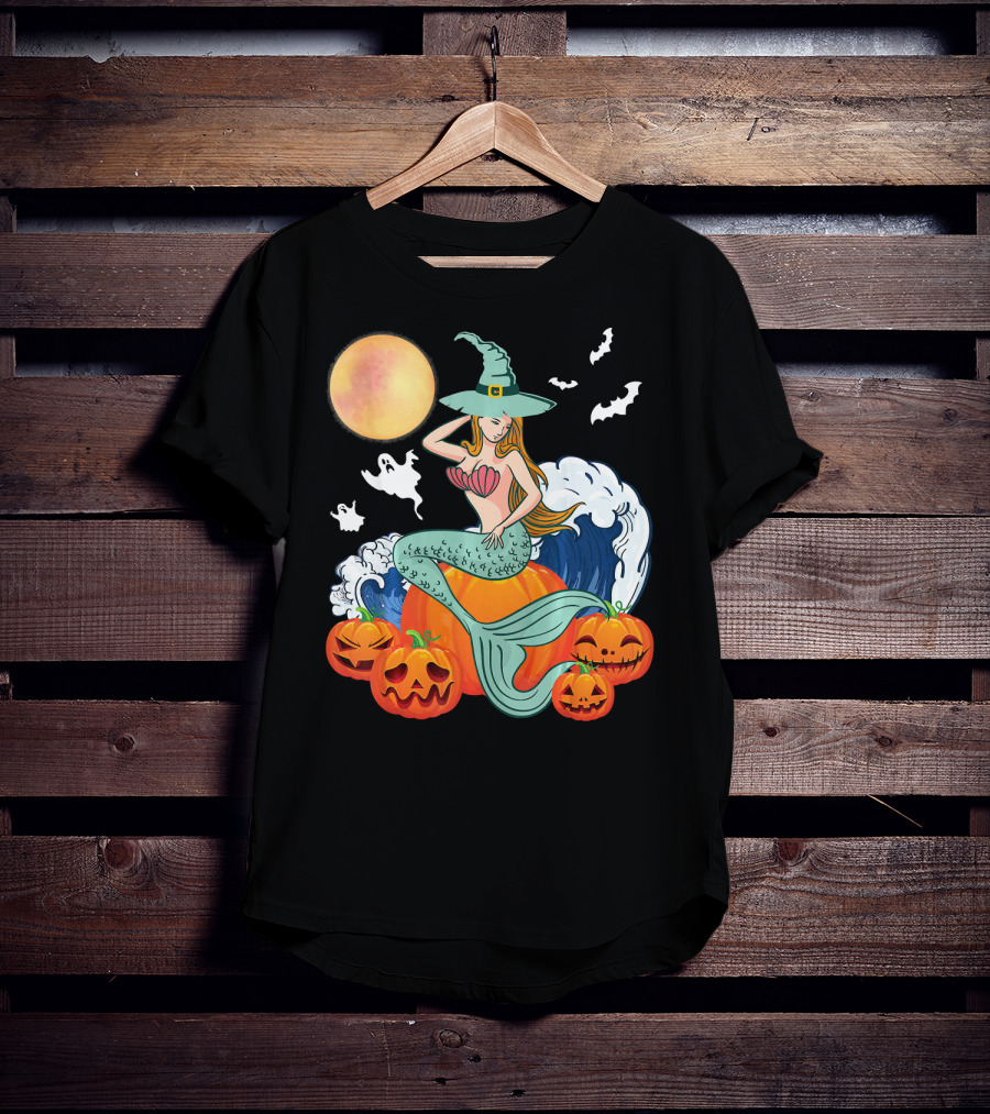 Scary Moon Pumpkin Ghosts Mermaid Witch With Jack-O'-Lanterns And Bats T-Shirt