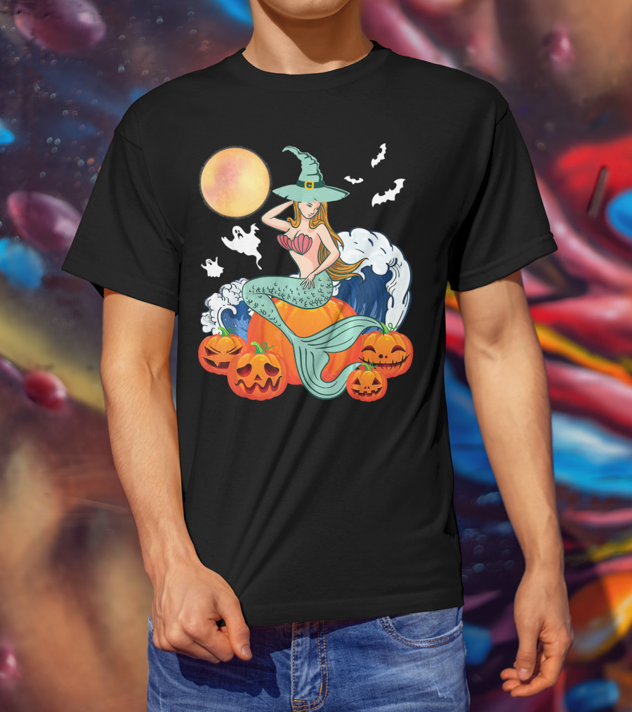 Scary Moon Pumpkin Ghosts Mermaid Witch With Jack-O'-Lanterns And Bats T-Shirt