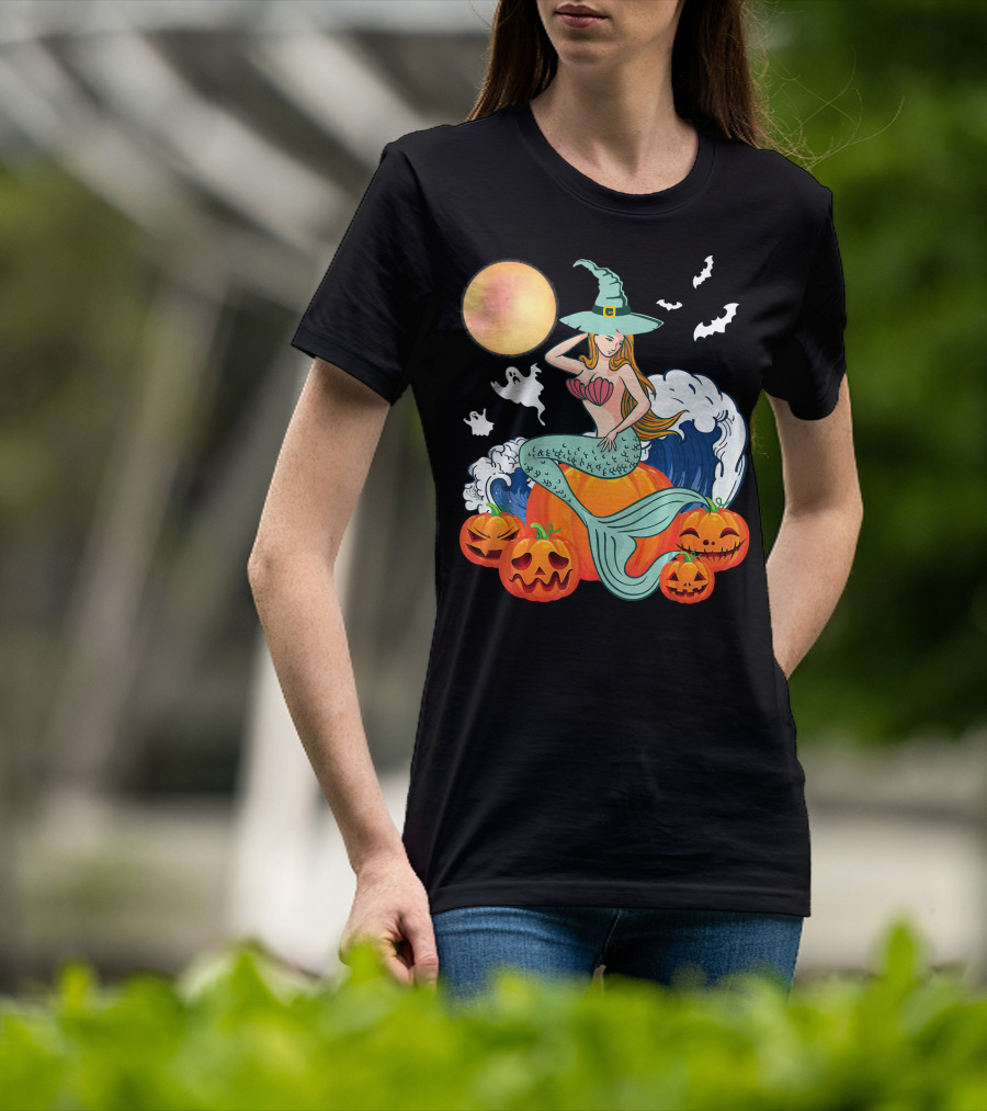 Scary Moon Pumpkin Ghosts Mermaid Witch With Jack-O'-Lanterns And Bats T-Shirt