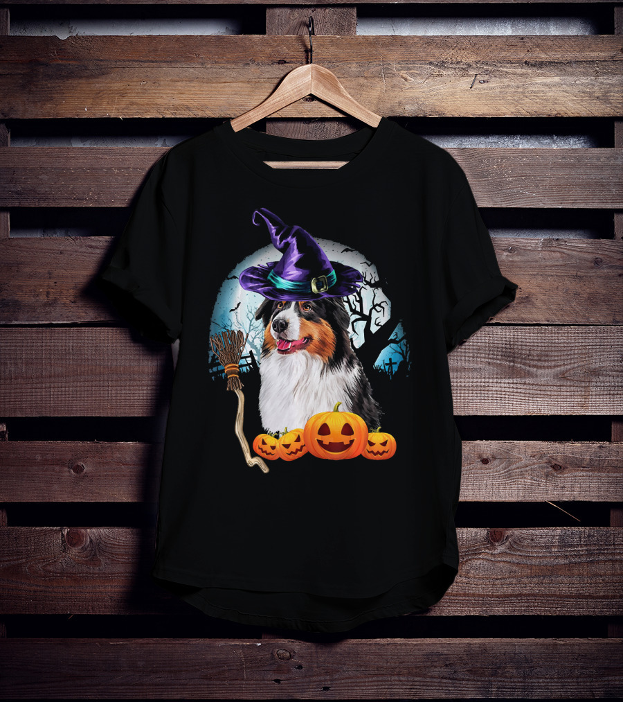 Australian Shepherd Halloween Witch Hat Dog With Pumpkins And Broomstick T-Shirt