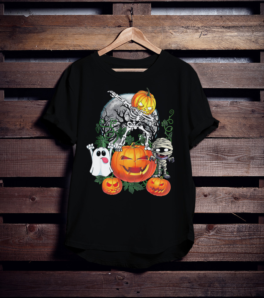 Dabbing Skeleton Pumpkin Ghost Mummy Halloween Moon Scene T-Shirt
