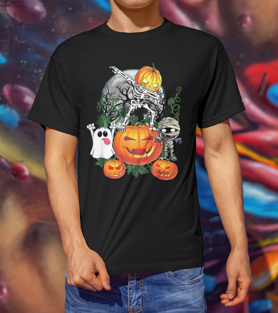 Dabbing Skeleton Pumpkin Ghost Mummy Halloween Moon Scene T-Shirt
