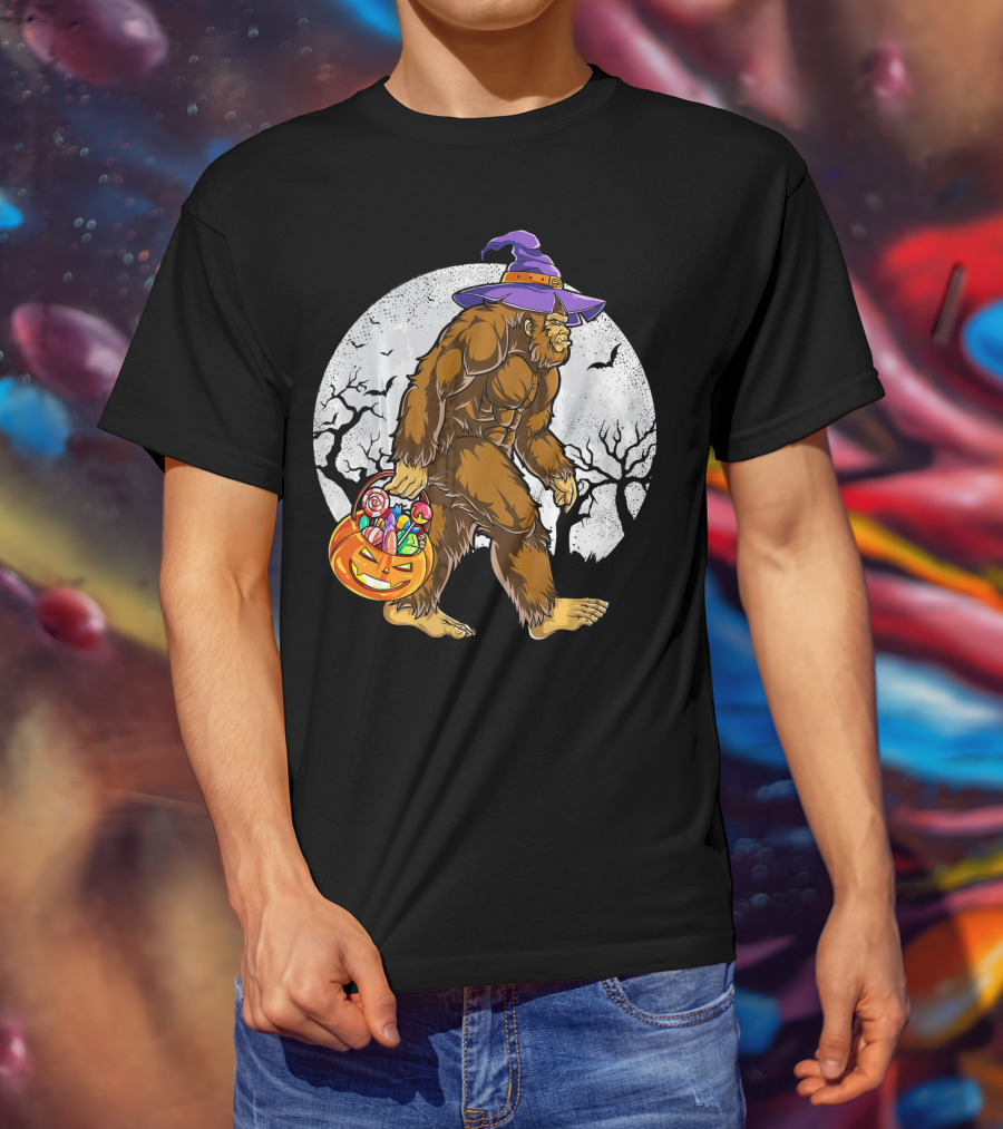 Bigfoot Witch Carrying Pumpkin Candy Basket In Spooky Moonlit Forest T-Shirt
