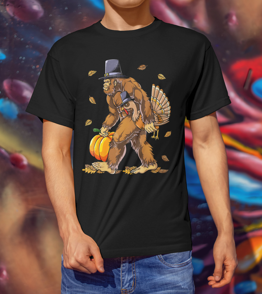 Thanksgiving Bigfoot Pilgrim Turkey Pumpkin Autumn Leaves T-Shirt