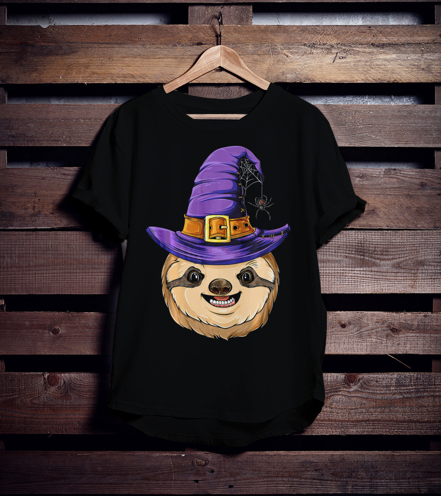 Sloth Witch Halloween Purple Hat Spider T-Shirt