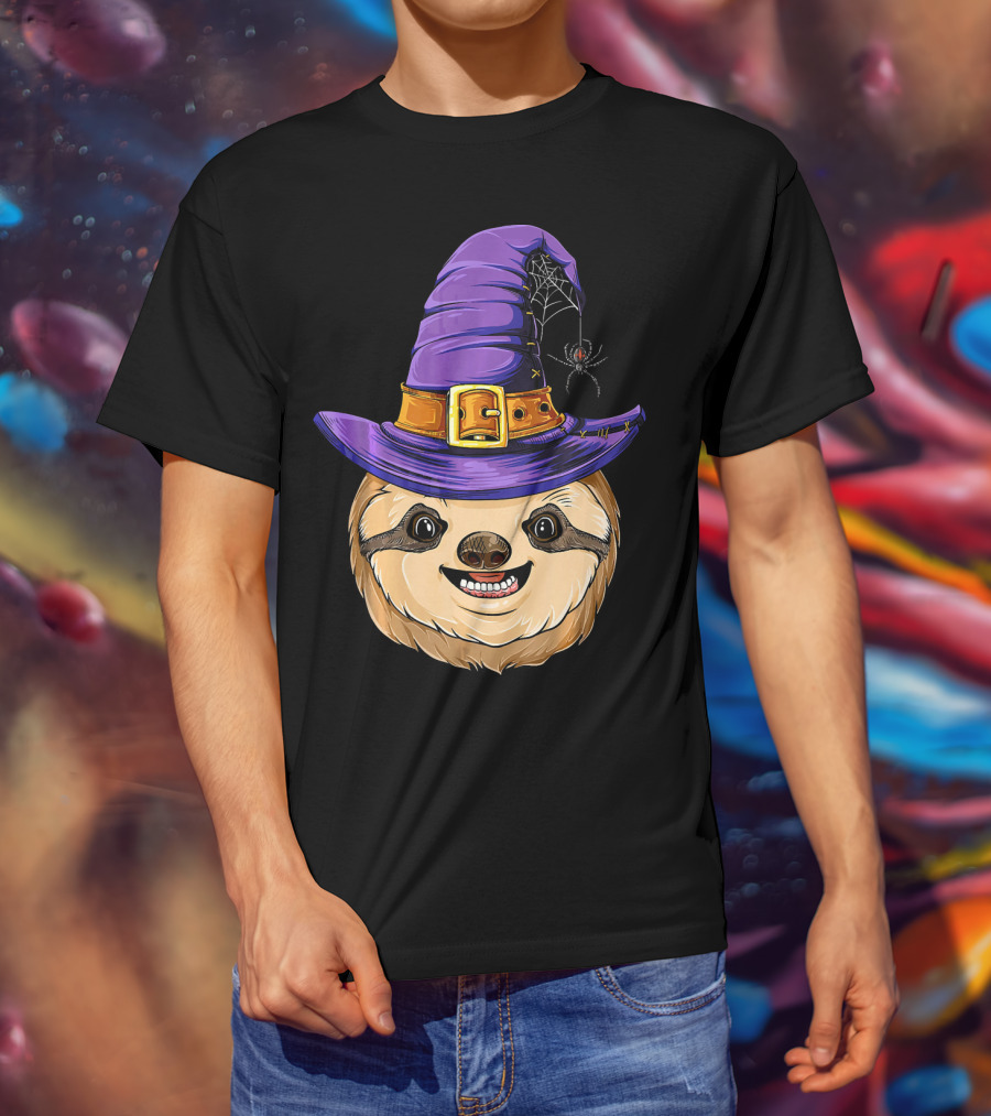 Sloth Witch Halloween Purple Hat Spider T-Shirt