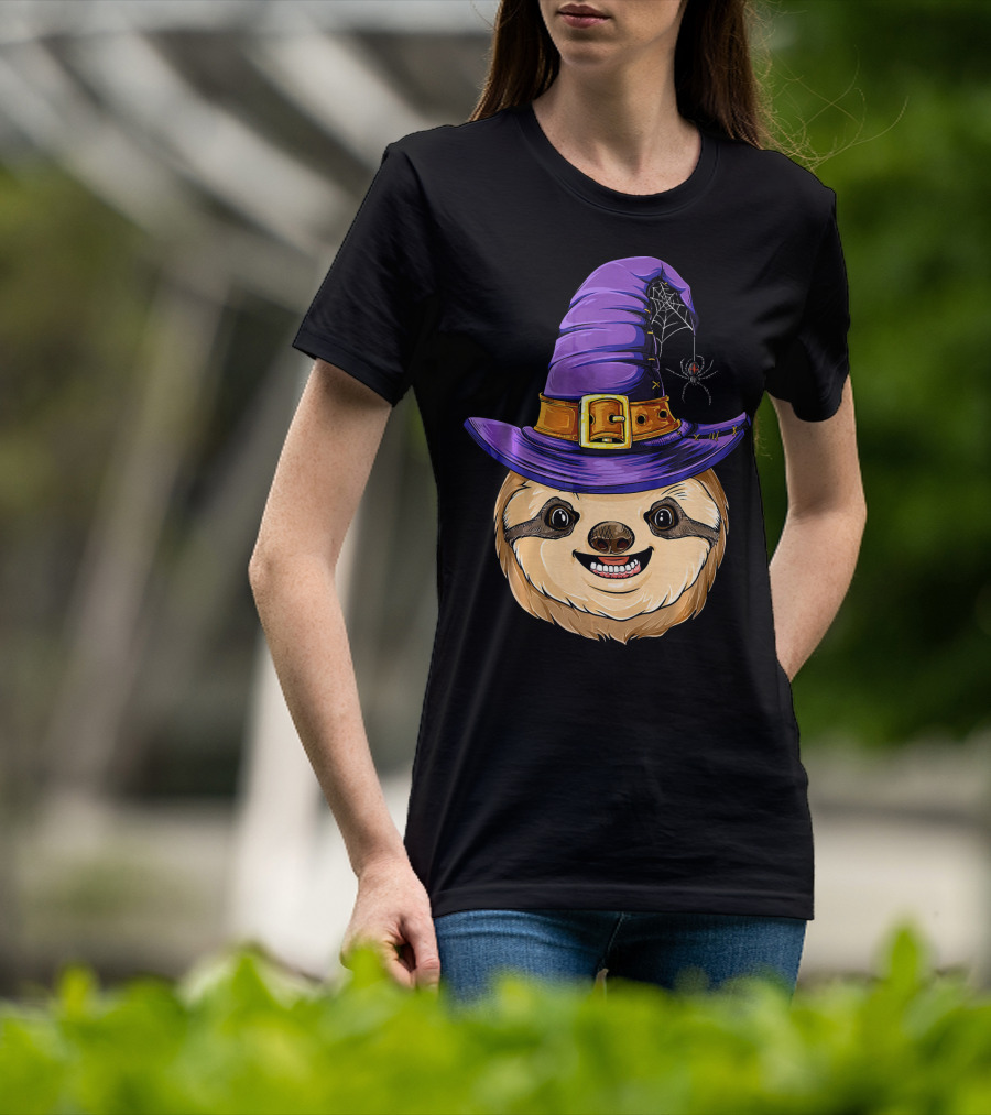 Sloth Witch Halloween Purple Hat Spider T-Shirt