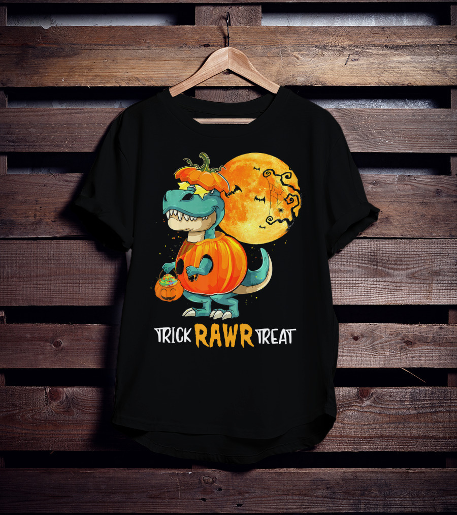 Trick RAWR Treat Rex Dinosaur Halloween Pumpkin Moon T-Shirt