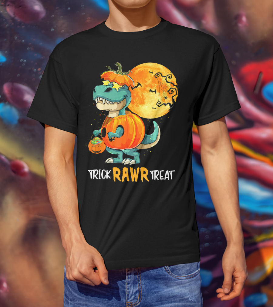 Trick RAWR Treat Rex Dinosaur Halloween Pumpkin Moon T-Shirt
