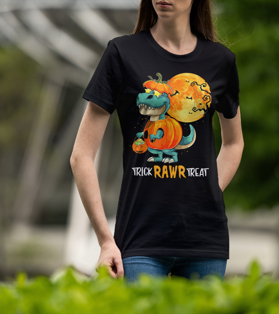 Trick RAWR Treat Rex Dinosaur Halloween Pumpkin Moon T-Shirt