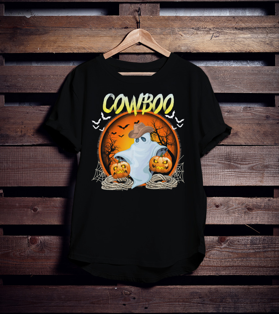 Cowboo Halloween Ghost In Cowboy Hat With Pumpkins And Bats T-Shirt