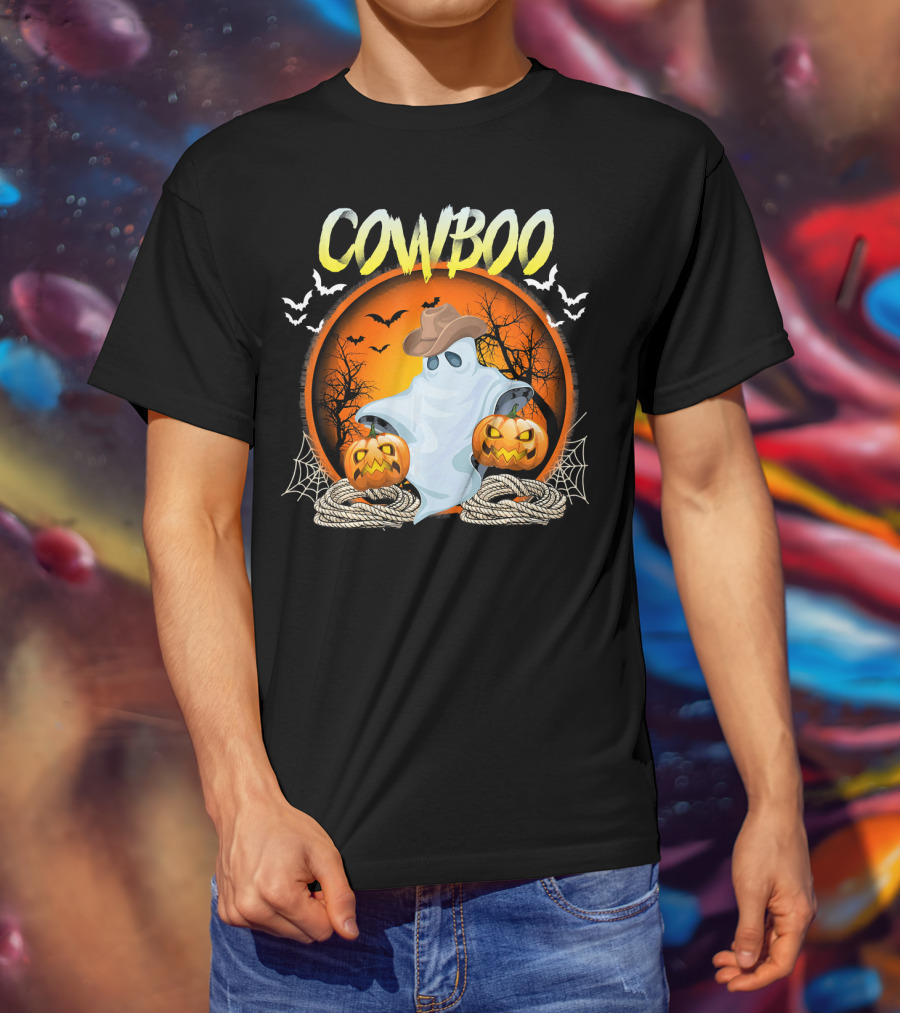 Cowboo Halloween Ghost In Cowboy Hat With Pumpkins And Bats T-Shirt