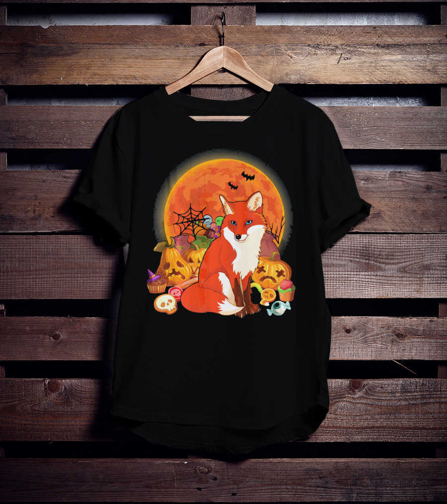 Funny Fox Halloween Full Moon Pumpkin Candy Scene T-Shirt
