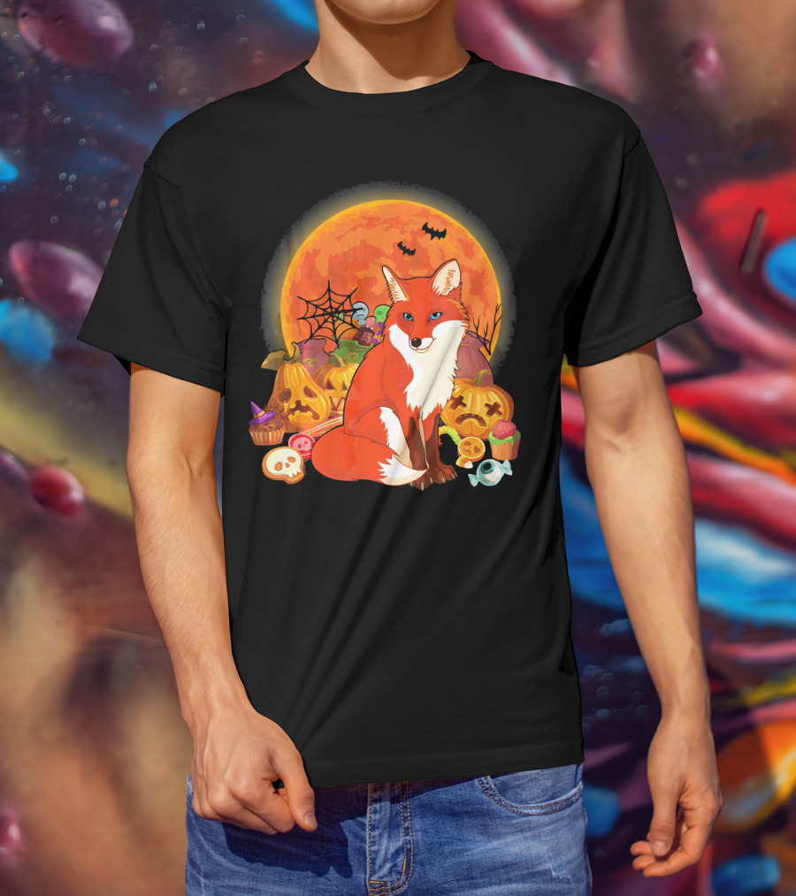 Funny Fox Halloween Full Moon Pumpkin Candy Scene T-Shirt