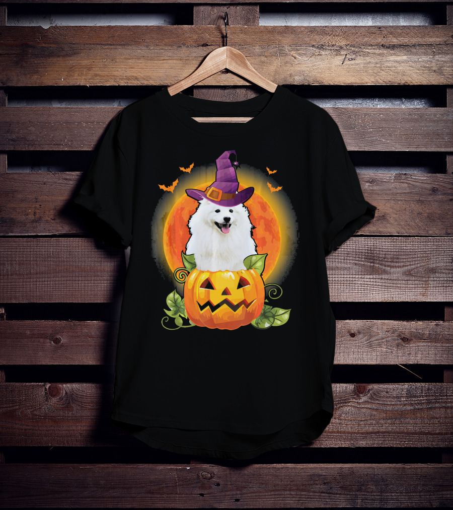 Samoyed Dog Witch Hat Pumpkin Halloween Moon T-Shirt