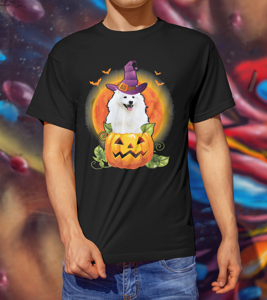 Samoyed Dog Witch Hat Pumpkin Halloween Moon T-Shirt