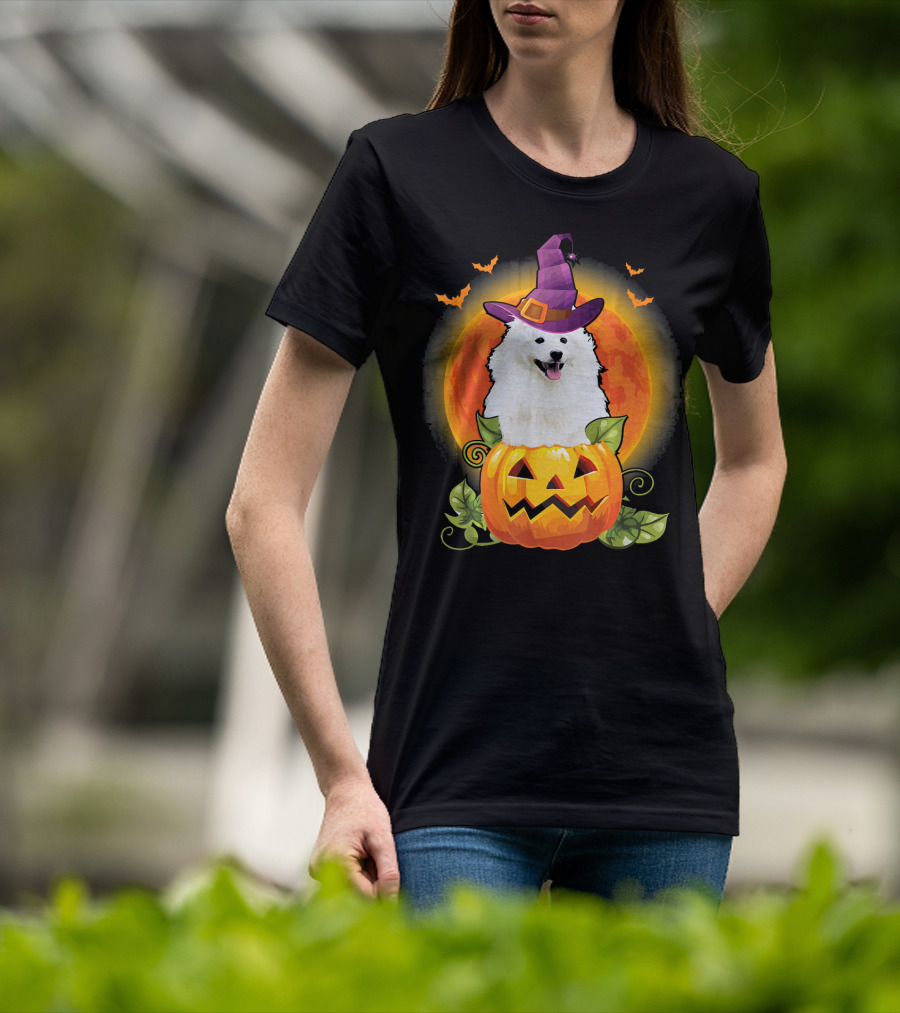 Samoyed Dog Witch Hat Pumpkin Halloween Moon T-Shirt