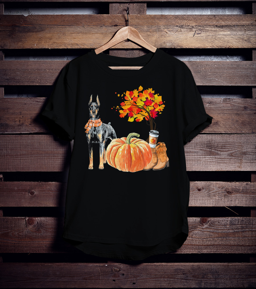 Doberman Pinscher Scarf Pumpkin Spice Autumn Boots Cozy Fall Leaves T-Shirt