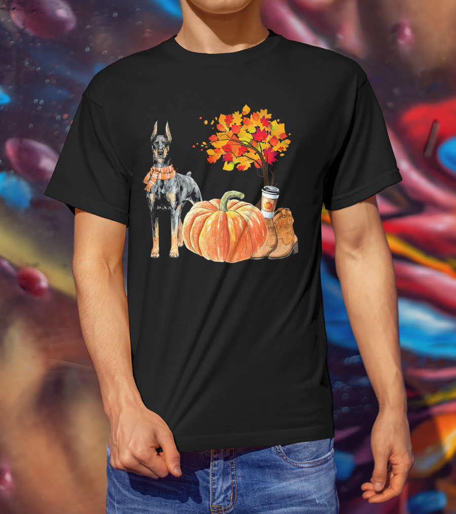 Doberman Pinscher Scarf Pumpkin Spice Autumn Boots Cozy Fall Leaves T-Shirt