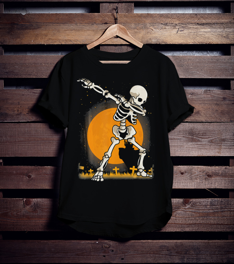 Halloween Skeleton Dabbing In Graveyard With Full Moon T-Shirt