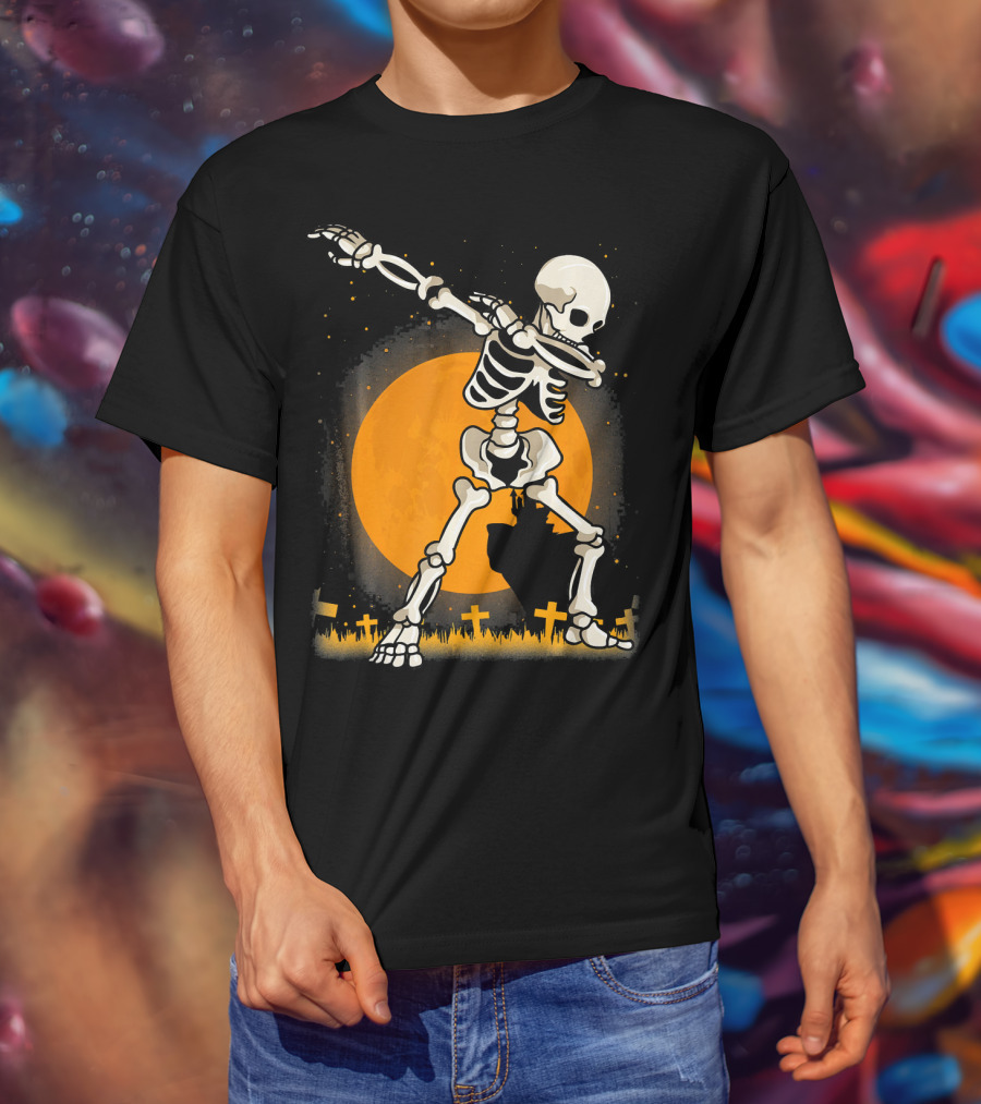 Halloween Skeleton Dabbing In Graveyard With Full Moon T-Shirt