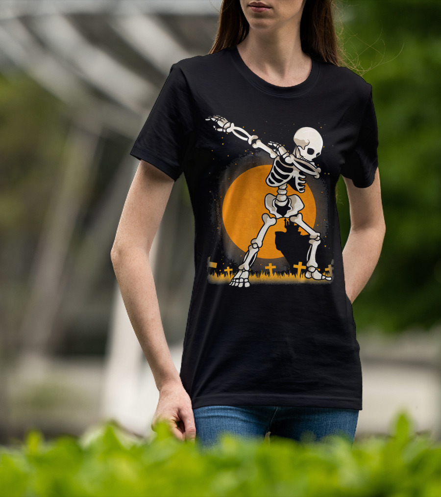 Halloween Skeleton Dabbing In Graveyard With Full Moon T-Shirt