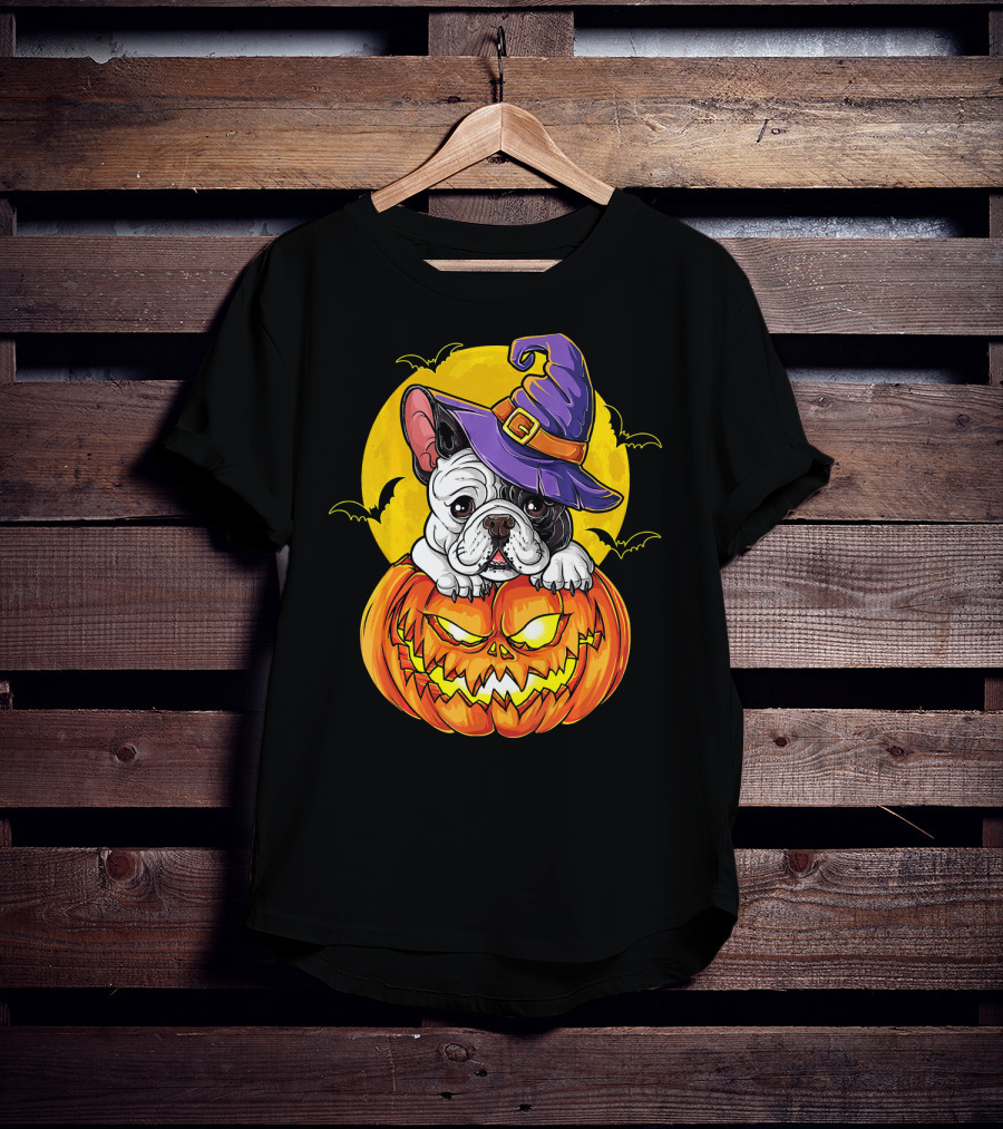 Halloween French Bulldog Witch In Pumpkin With Full Moon And Bats T-Shirt