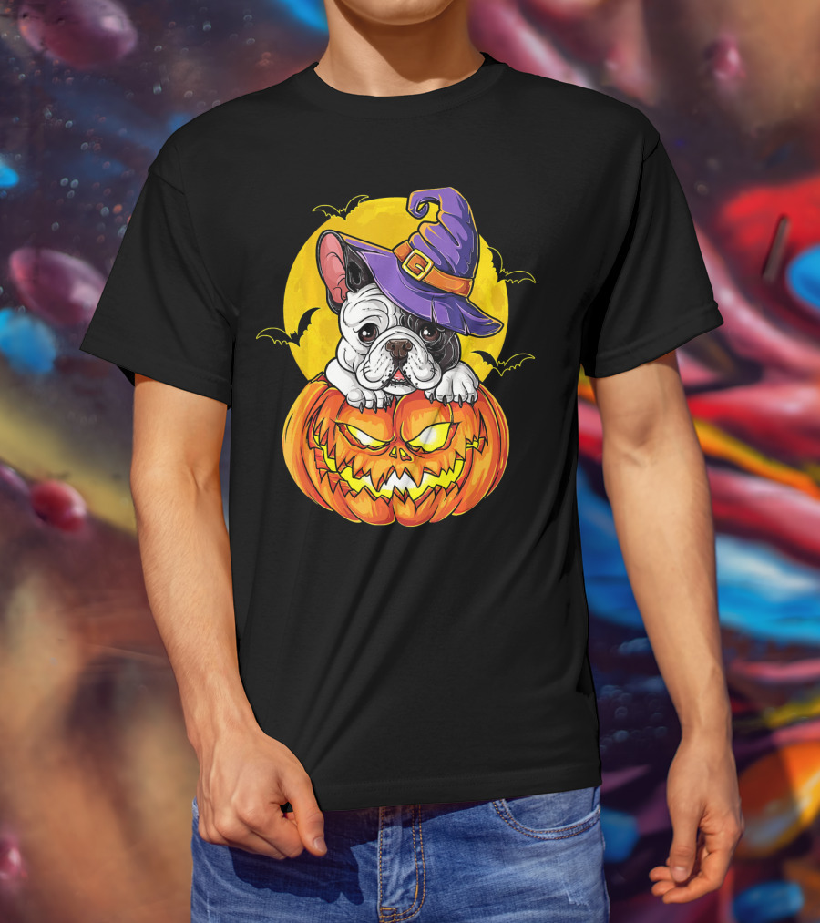 Halloween French Bulldog Witch In Pumpkin With Full Moon And Bats T-Shirt