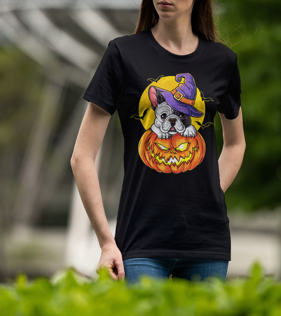 Halloween French Bulldog Witch In Pumpkin With Full Moon And Bats T-Shirt