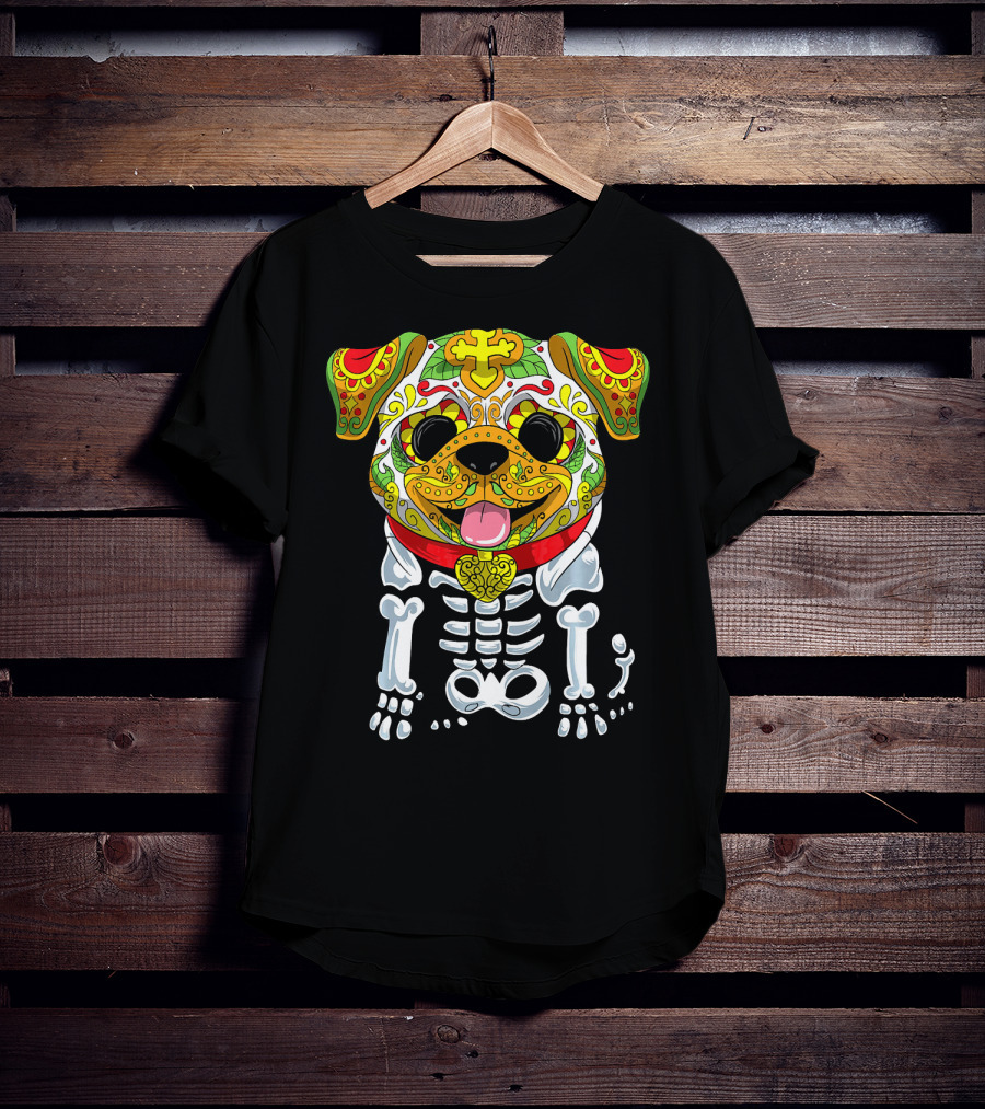 Dia De Los Muertos And Halloween Sugar Skull Dog Skeleton T-Shirt