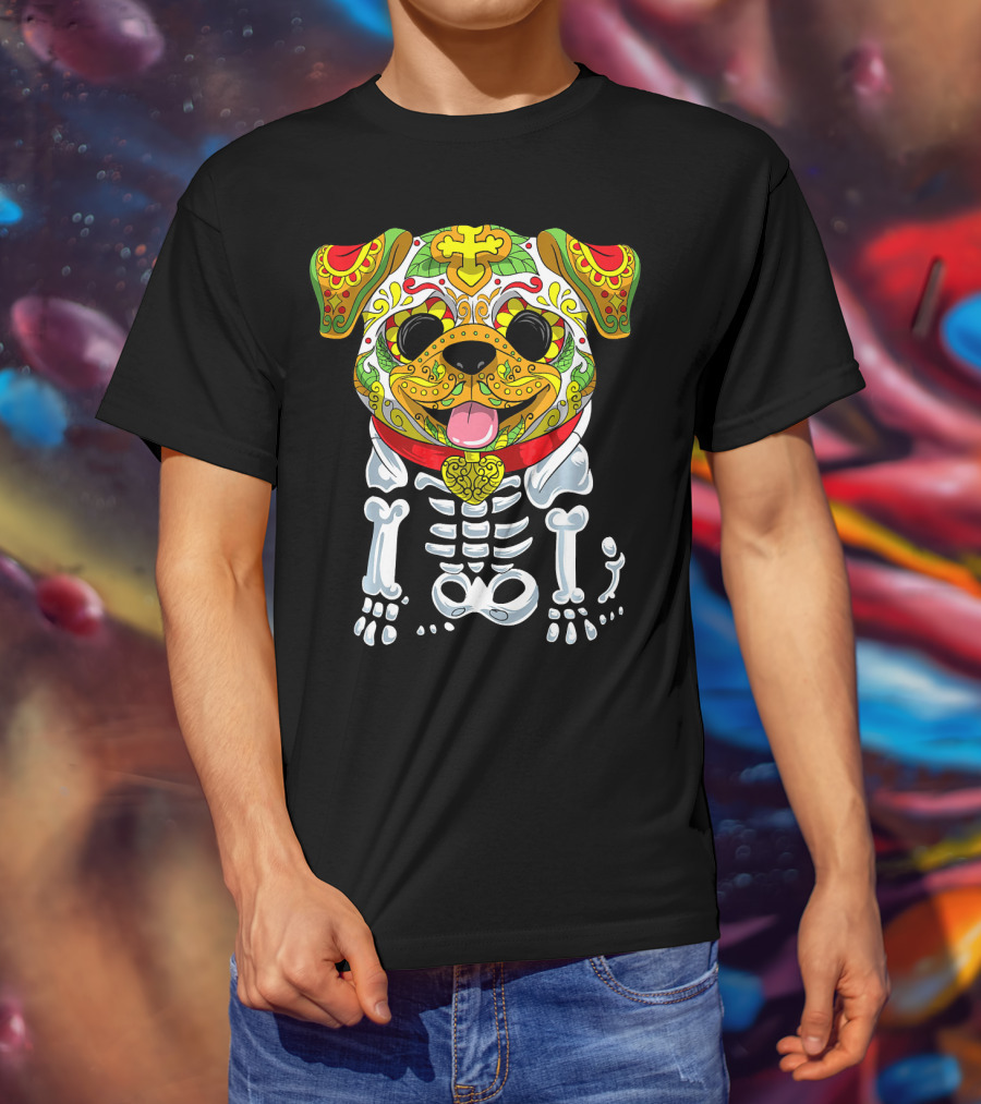 Dia De Los Muertos And Halloween Sugar Skull Dog Skeleton T-Shirt