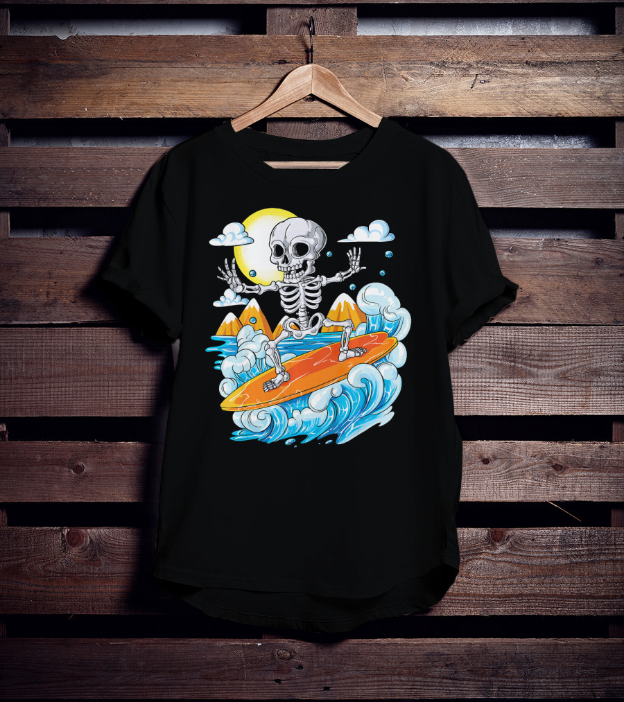 Skeleton Surfing Halloween On Hawaiian Waves With Sun And Clouds T-Shirt