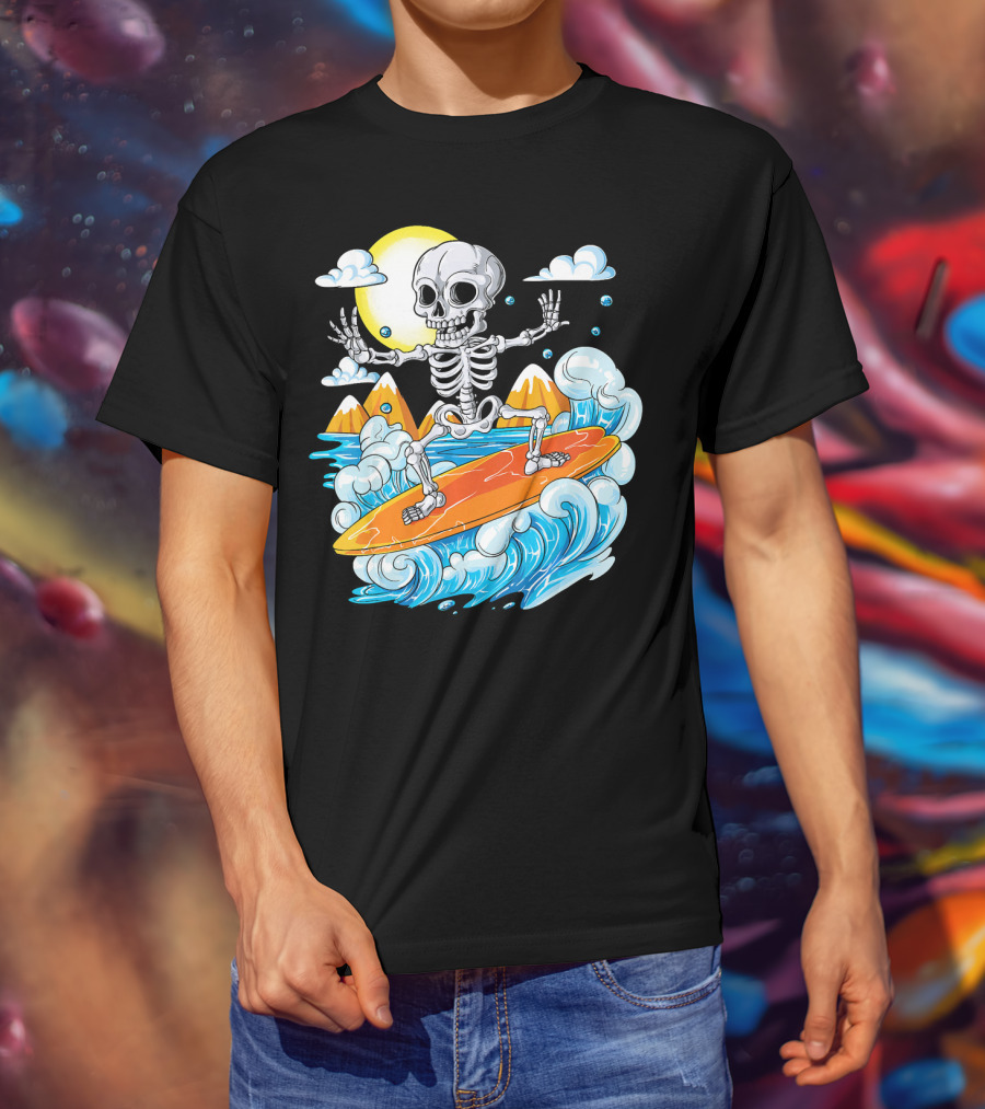 Skeleton Surfing Halloween On Hawaiian Waves With Sun And Clouds T-Shirt