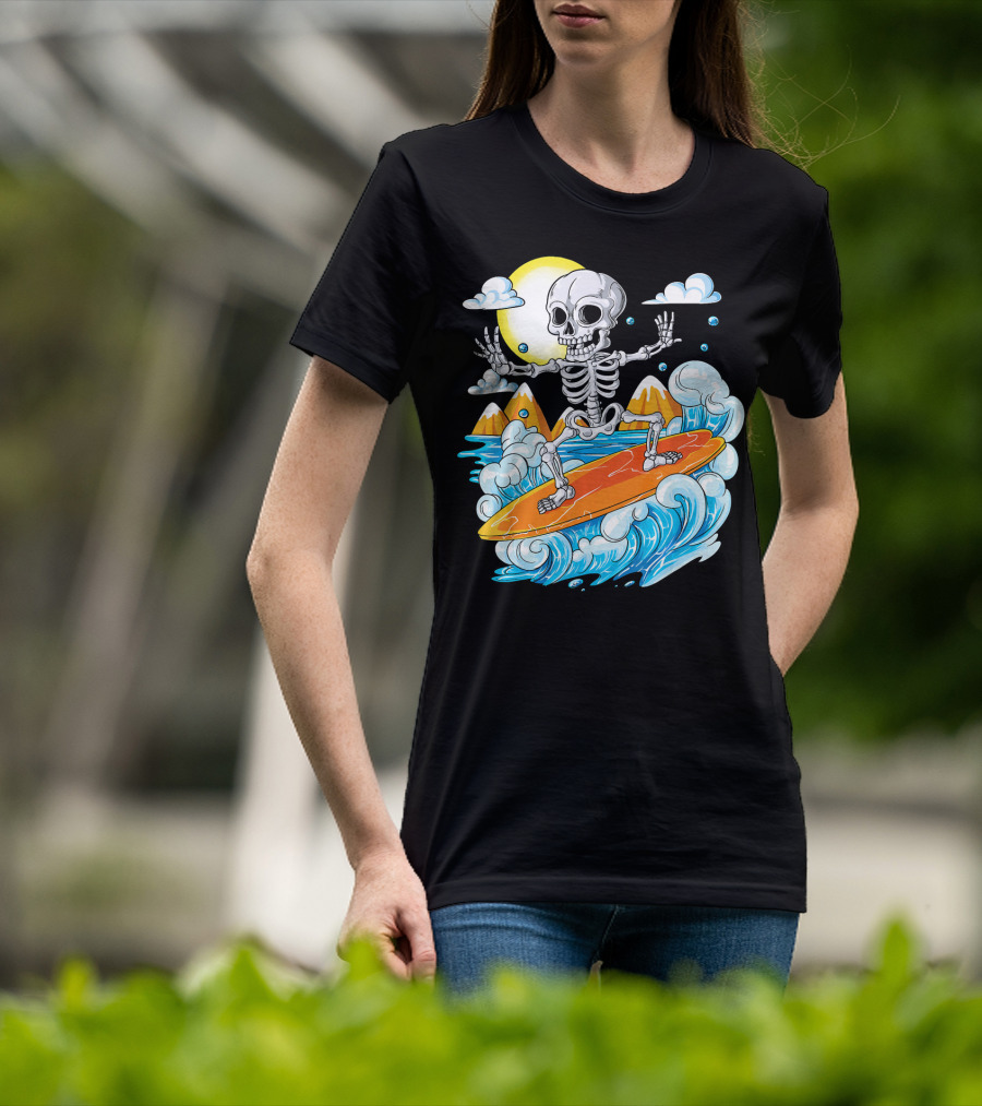 Skeleton Surfing Halloween On Hawaiian Waves With Sun And Clouds T-Shirt