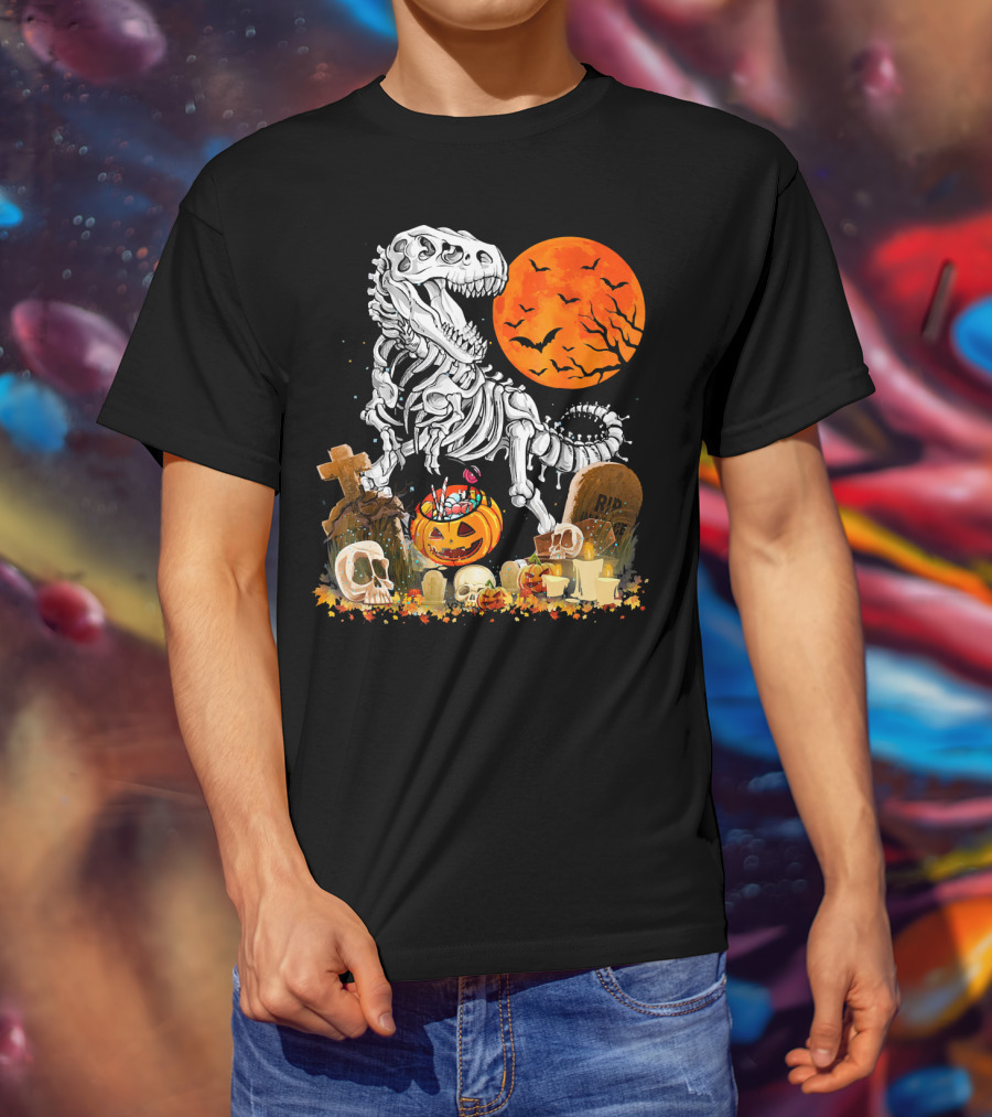 Halloween Dinosaur Rex Skeleton With Pumpkin And Full Moon T-Shirt