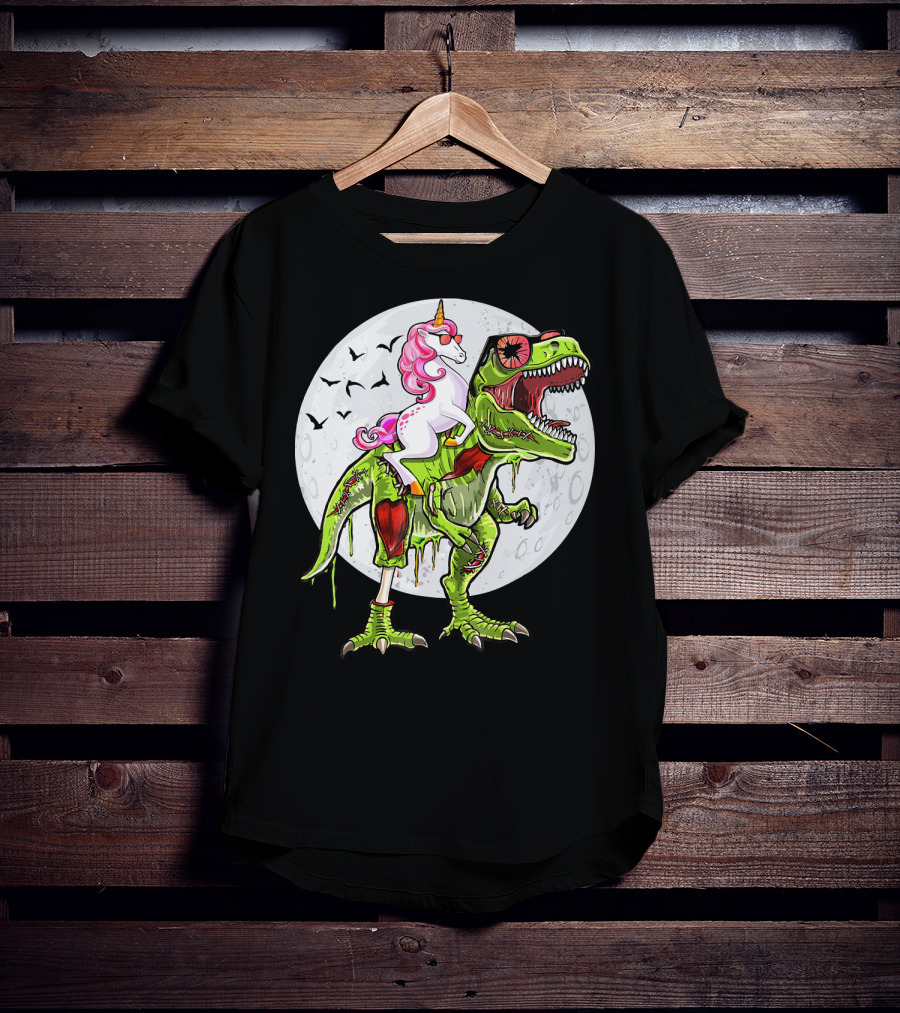 Funny Halloween Unicorn Riding Zombie Dinosaur With Bats And Full Moon T-Shirt