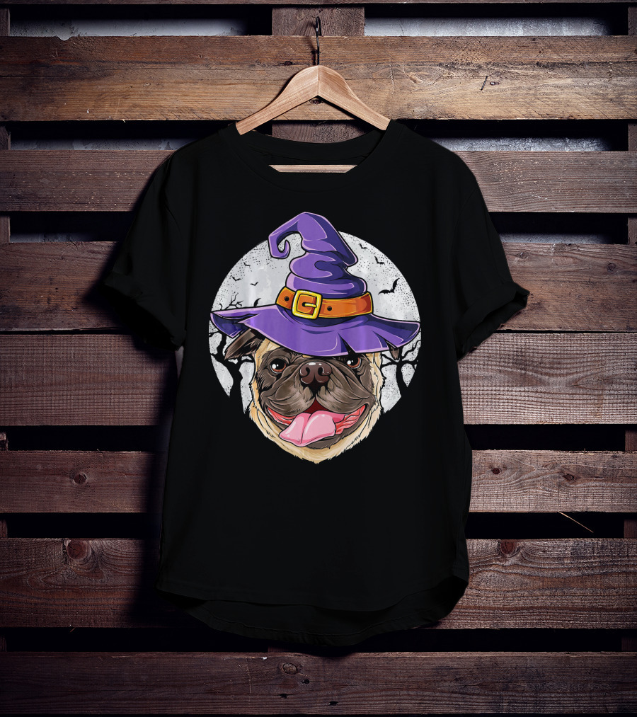 Pug Witch Hat Halloween Moon Bats Forest T-Shirt