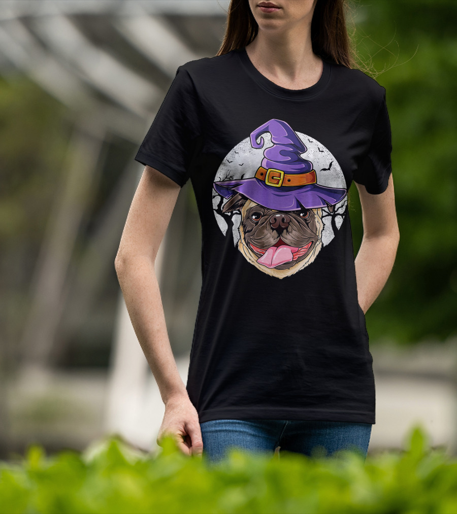 Pug Witch Hat Halloween Moon Bats Forest T-Shirt