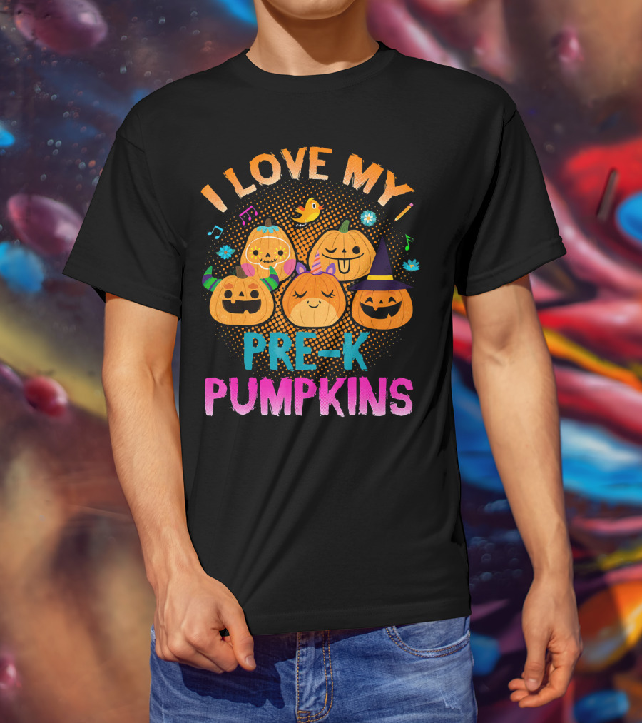 I Love My Pre K Pumpkins Halloween Jack-O-Lanterns With Music And Flowers T-Shirt