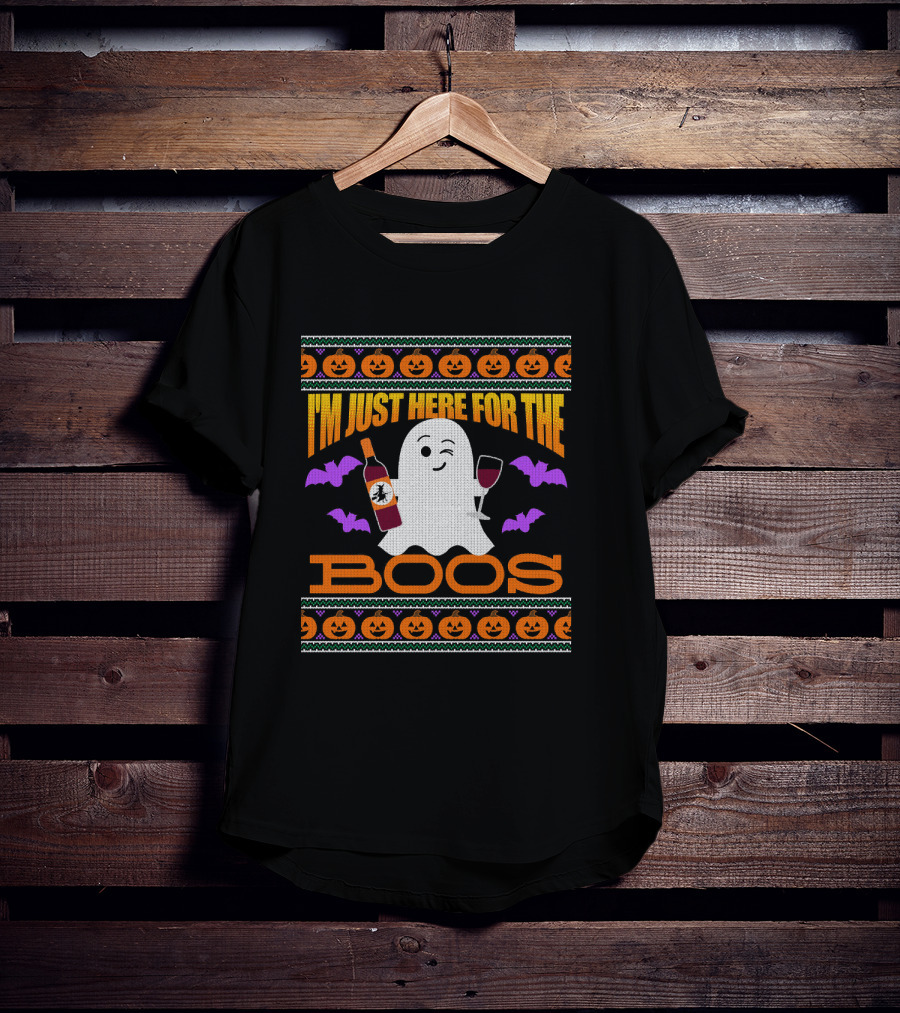 I'm Just Here For The Boos Ugly Halloween Wine Ghost Pumpkins Bats T-Shirt