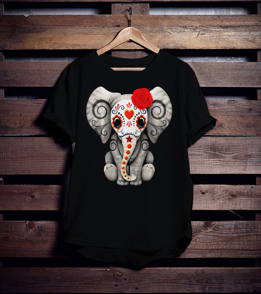 Sugar Skull Elephant With Red Rose Day Of The Dead T-Shirt