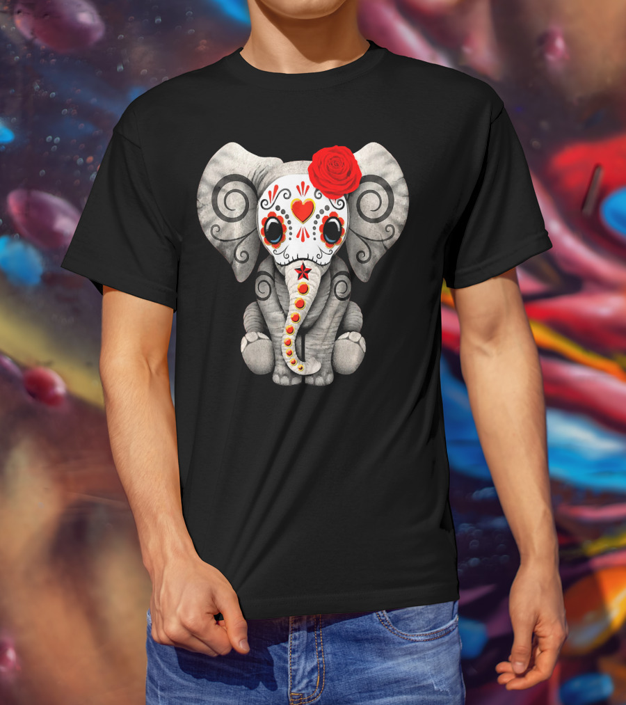 Sugar Skull Elephant With Red Rose Day Of The Dead T-Shirt