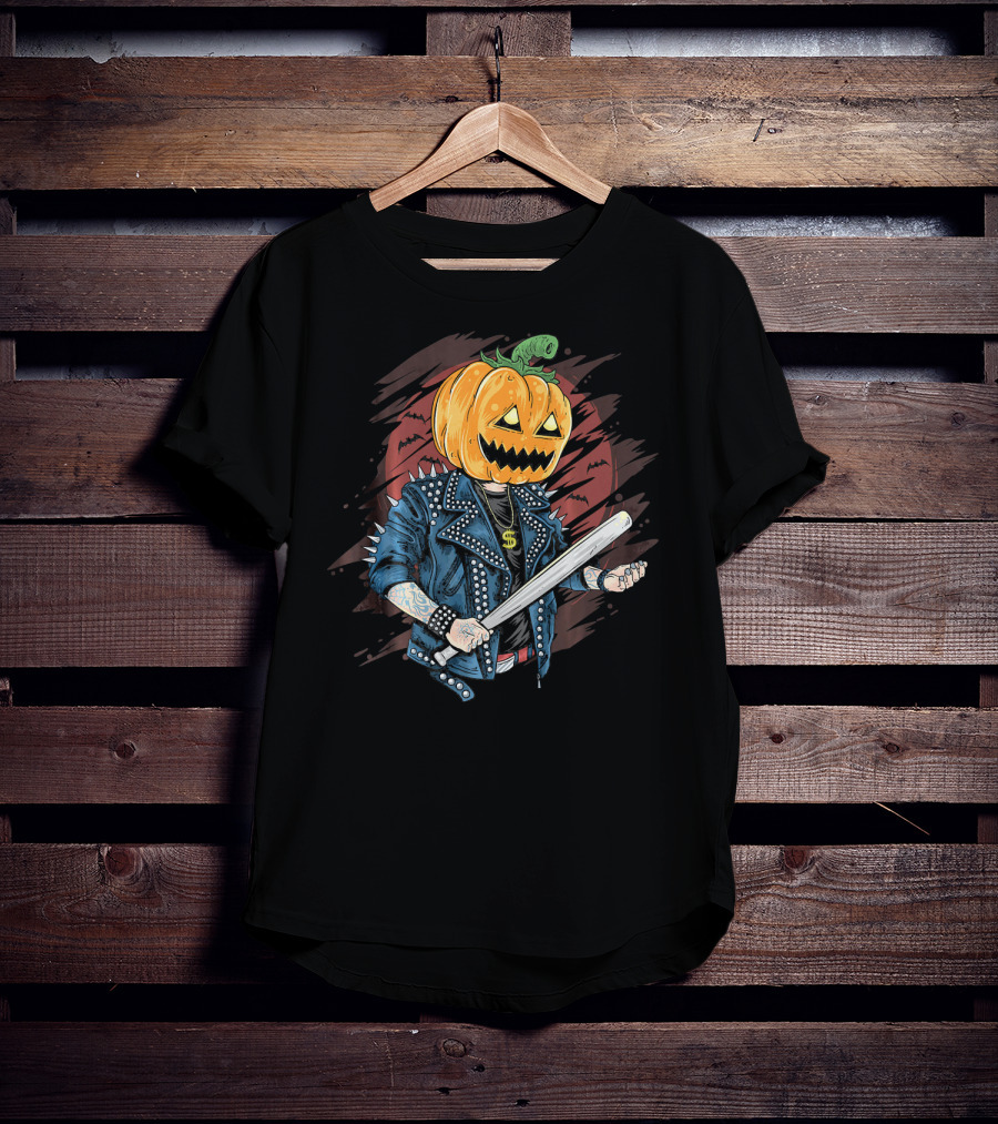 Punk Rocker Metalhead Pumpkin With Spiked Jacket And Baseball Bat T-Shirt