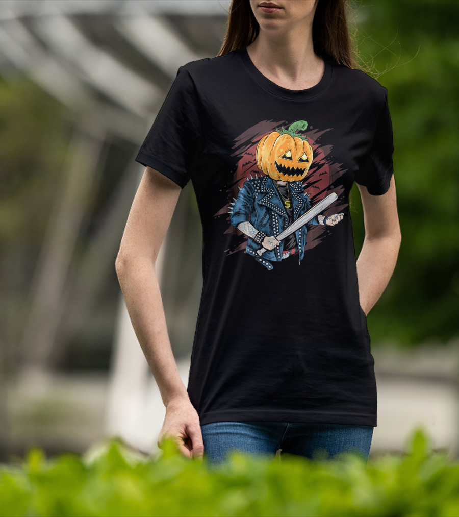 Punk Rocker Metalhead Pumpkin With Spiked Jacket And Baseball Bat T-Shirt