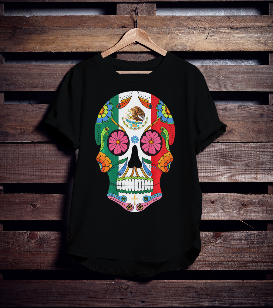 Mexican Flag Sugar Skull Eagle Floral Motif T-Shirt