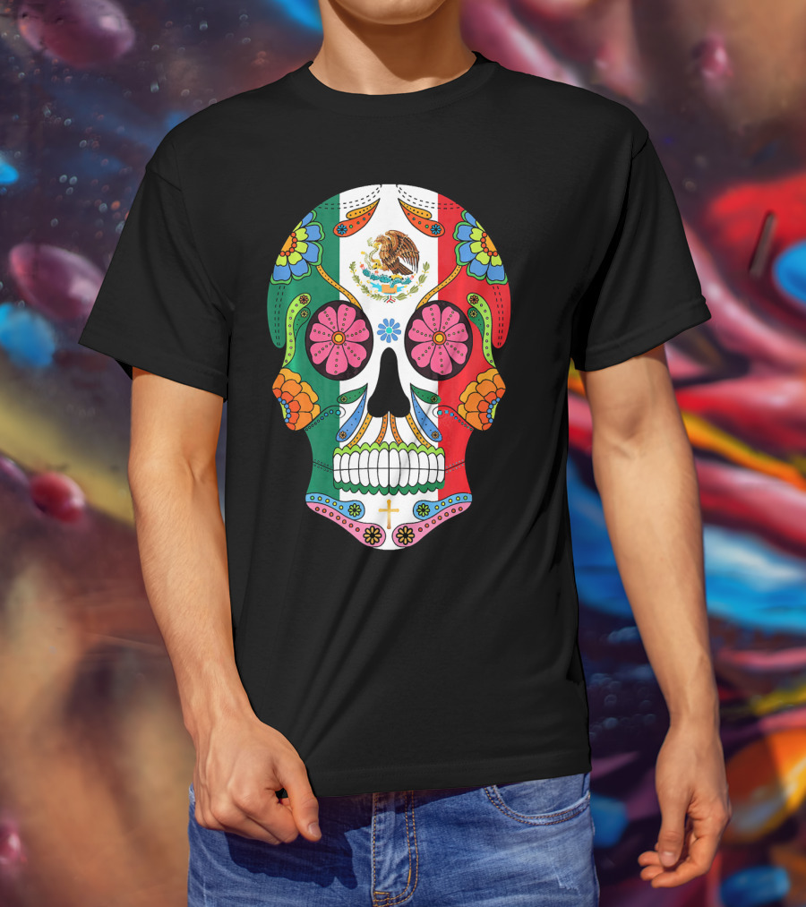 Mexican Flag Sugar Skull Eagle Floral Motif T-Shirt