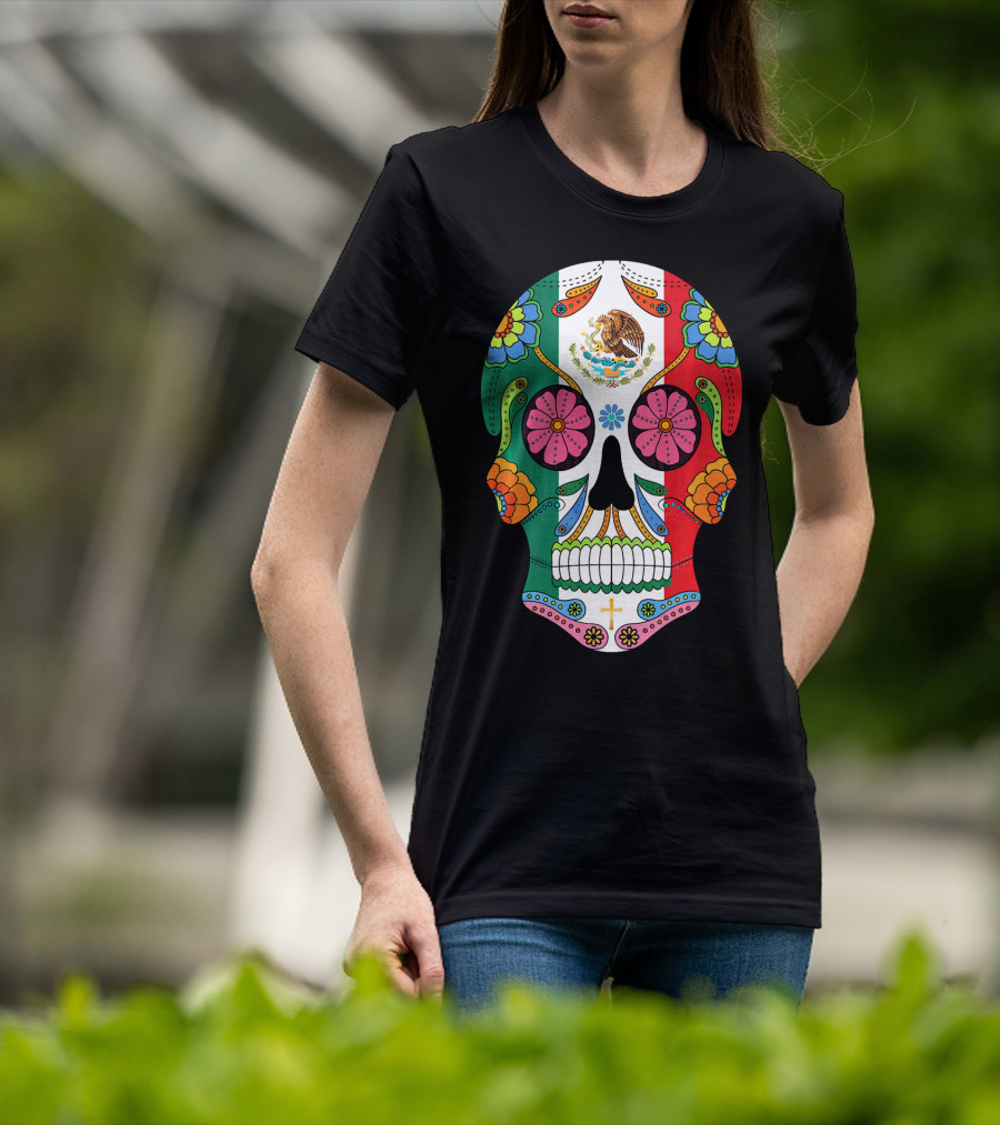 Mexican Flag Sugar Skull Eagle Floral Motif T-Shirt