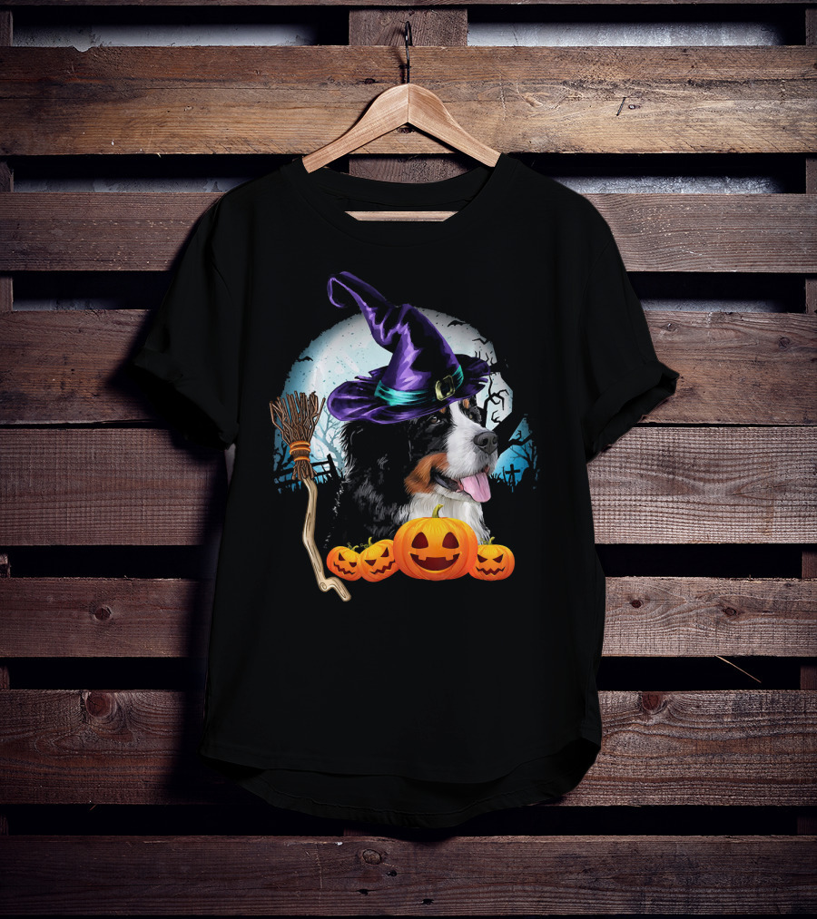 Bernese Mountain Dog In Witch Hat With Pumpkins And Broomstick Halloween Scene T-Shirt